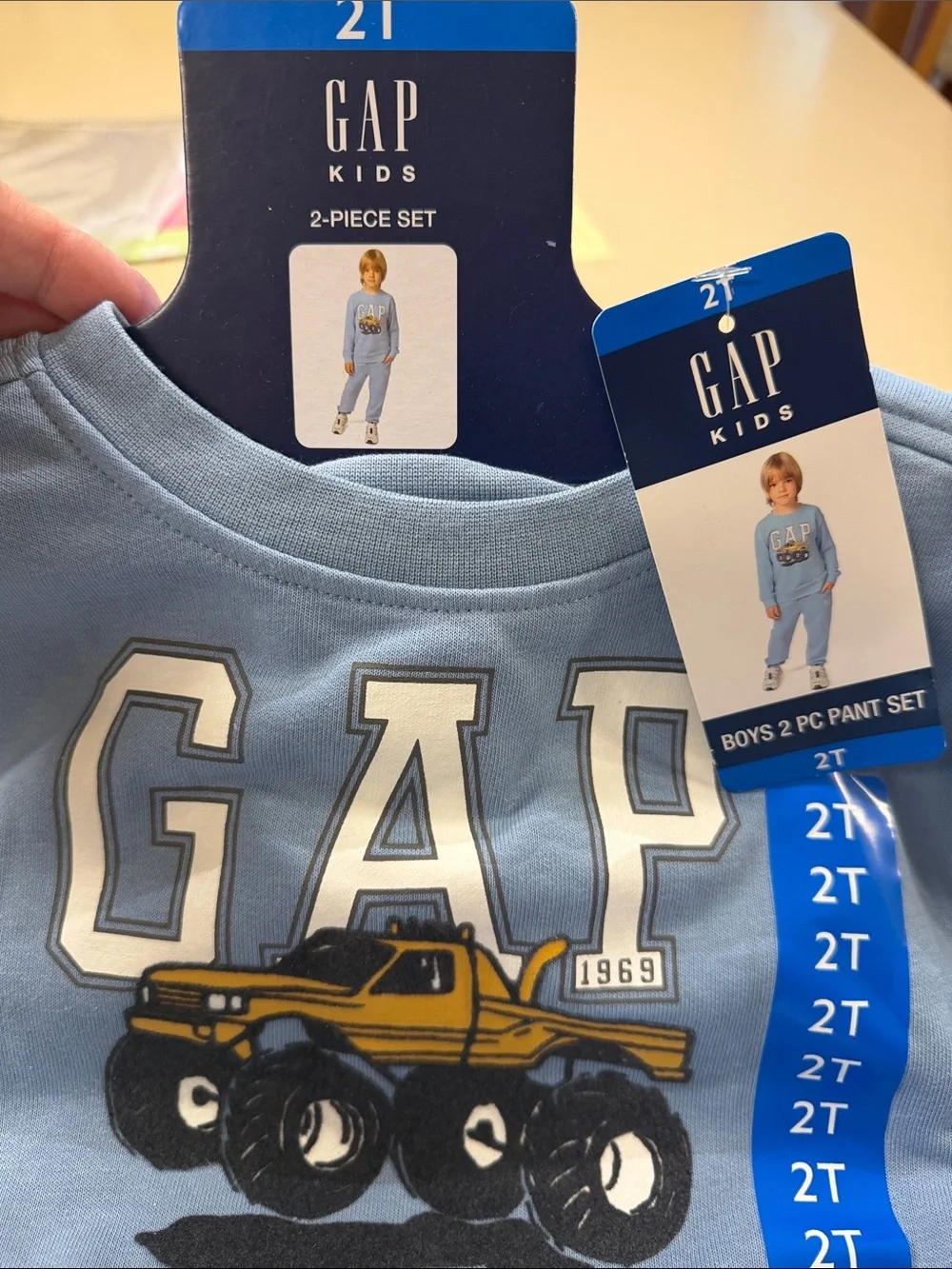 NWT GAP Light Blue Sweatshirt and Pants with Yellow Monster Truck Size 2T